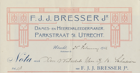 716227 Kop van een nota van F.J.J. Bresser Jr., Dames- en Heerenkleedermaker, Parkstraat 51 te Utrecht.